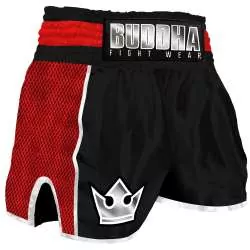 Buddha retro premium muay thai shorts (schwarz/rot)